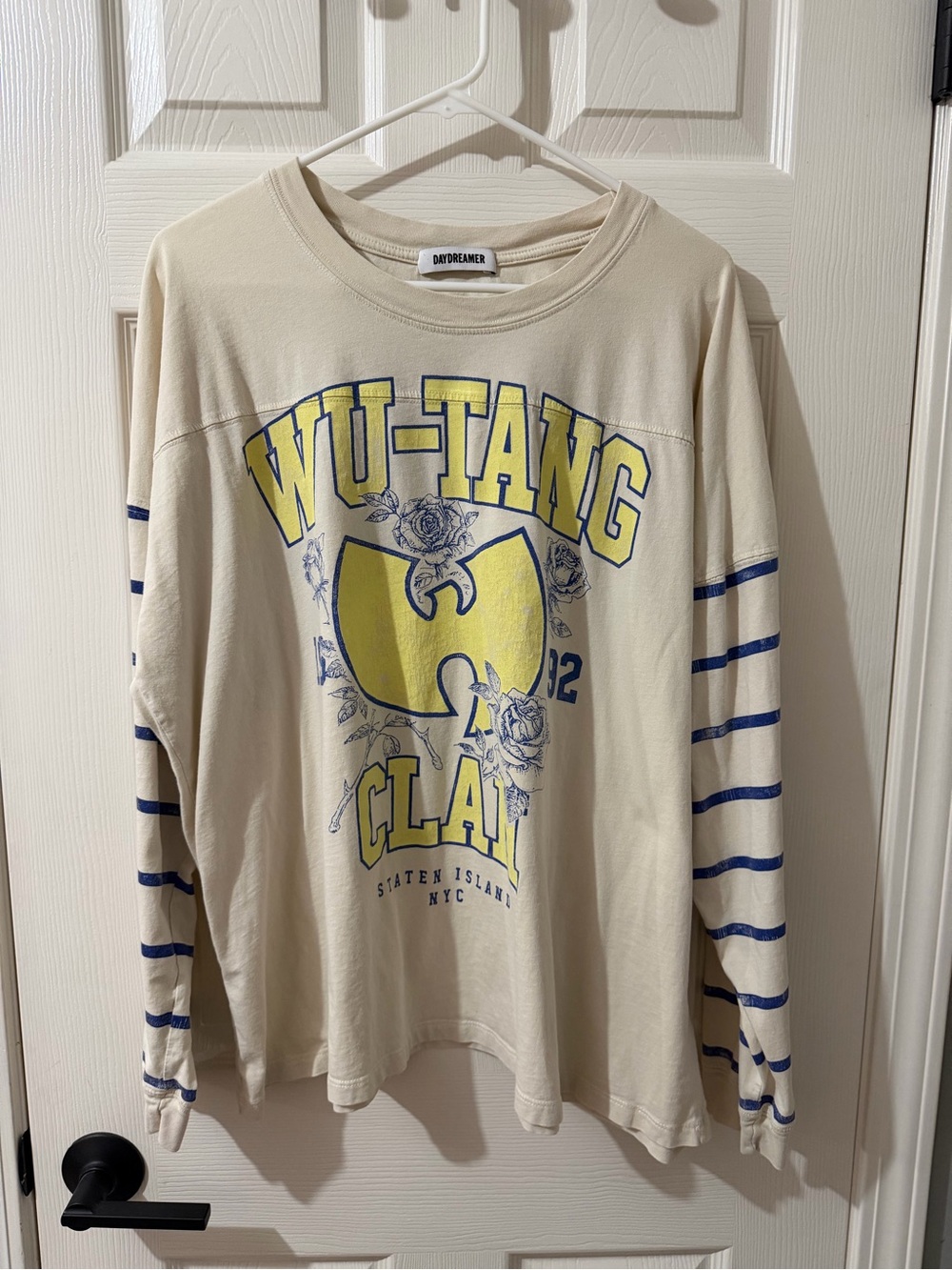 Daydreamer Cream Long-Sleeve Wu-Tang Graphic Tee with Blue Stripes